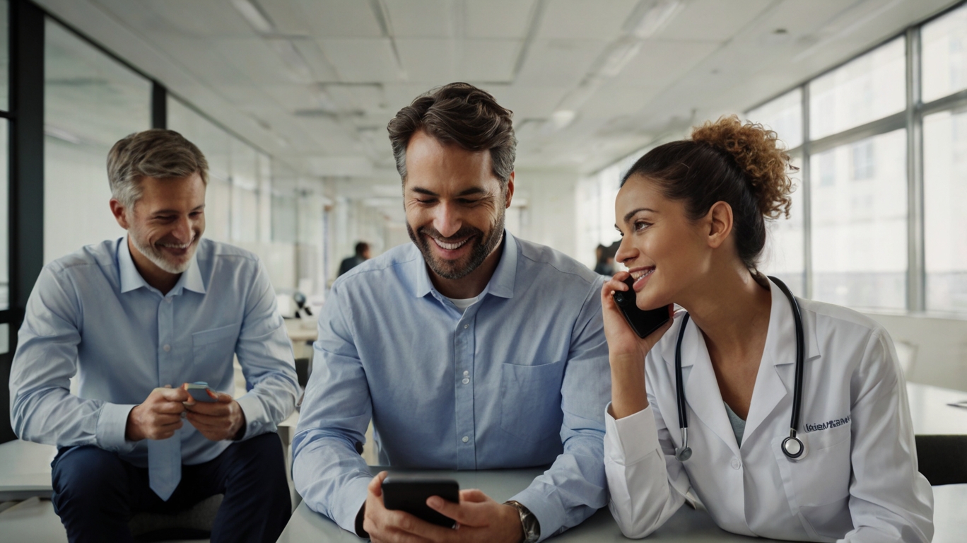 Dois homens sorrindo olham para um smartphone e uma médica de jaleco branco está ao telefone para ilustrar a telemedicina na saúde corporativa