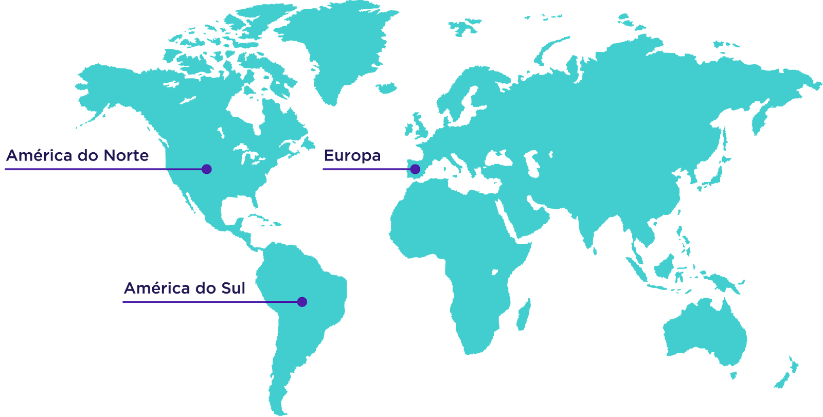 Um mapa mundi que indica onde a telessaúde MediQuo está transformando o acesso à saúde de qualidade. Há a indicação da América do Norte, Europa e América do Sul, com foco na telessaúde no Brasil