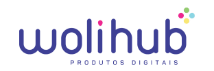 Logotipo com a inscrição wolihub em letras minúsculas, com produtos digitais abaixo. Acima da letra b, um conjunto de quatro pequenos círculos coloridos — rosa, amarelo, azul e verde