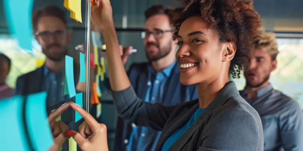 Uma mulher e dois homens estão em um ambiente corporativo. Eles estão analisando um quadro de ideias com tendências para RH.