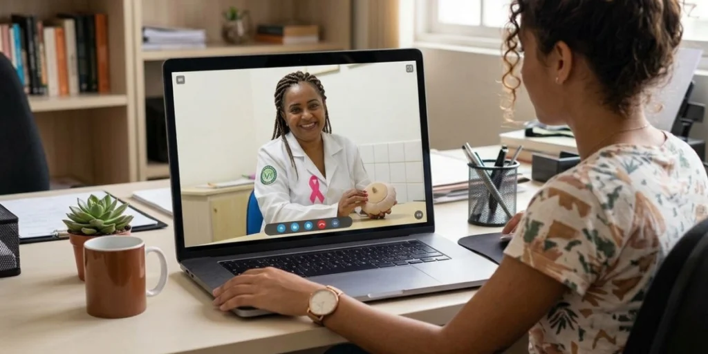 mulher videochamada notebook profissional saude atendimento online