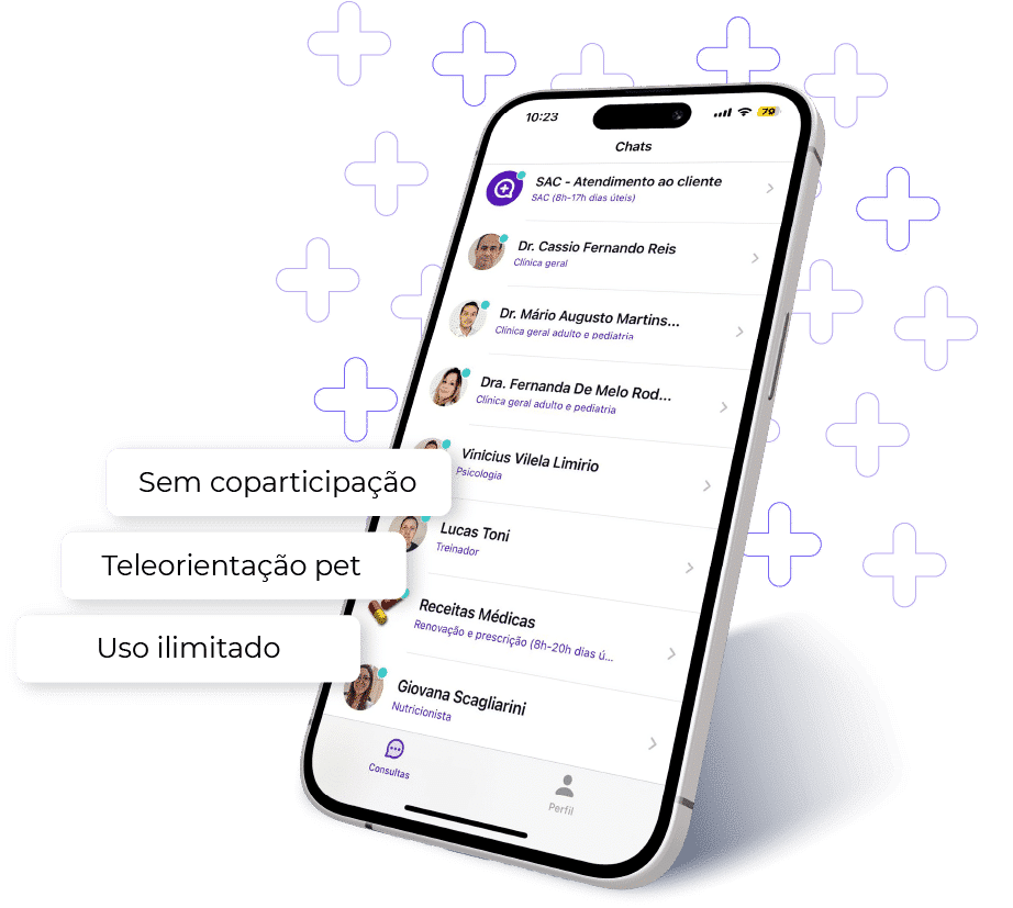 Um smartphone exibindo uma tela de aplicativo de bate-papo. Próximo ao telefone há balões de texto que dizem “Sem coparticipação”, “Teleorientação pet” e “Uso ilimitado”, destacando os benefícios da MediQuo
