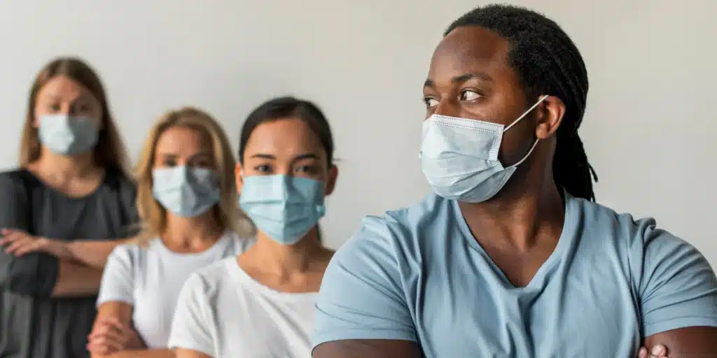 um grupo de colaboradores que estão usando máscara para despertar a conscientização acerca das doenças ocupacionais que afetam os colaboradores