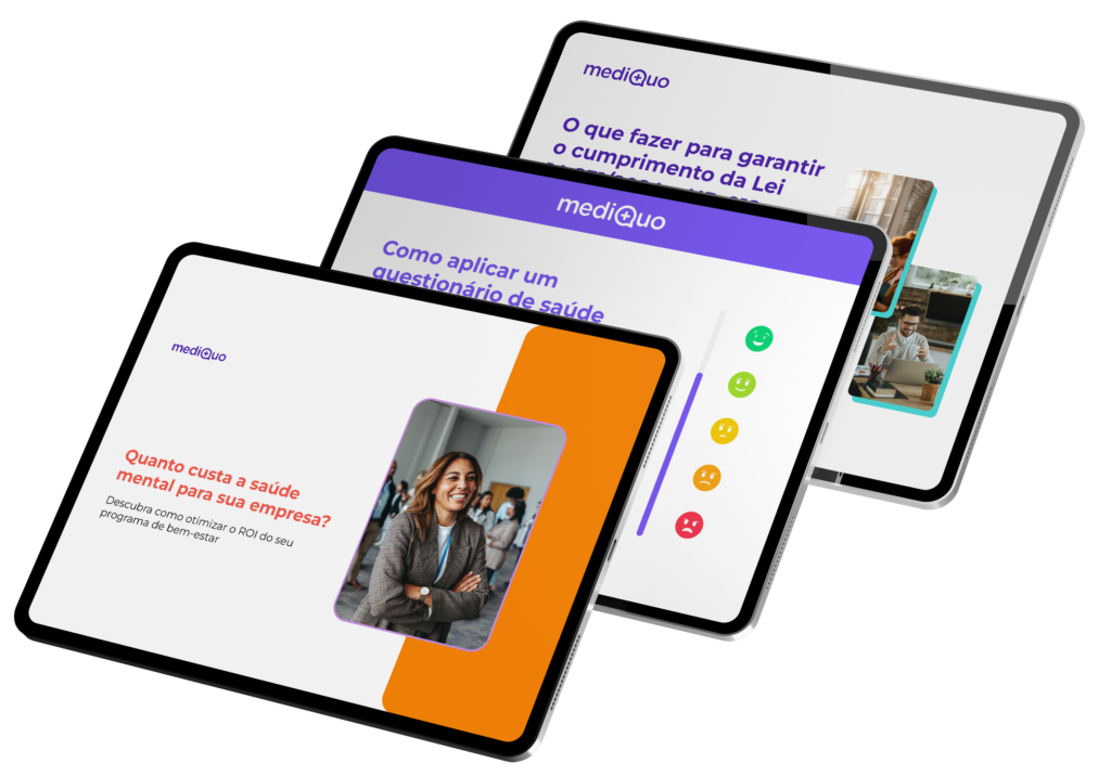 Mockup de tablets exibindo materiais digitais sobre saúde mental corporativa da mediQuo. Inclui guias como 'Quanto custa a saúde mental para sua empresa?' e dicas práticas para aplicar questionários e cumprir leis de bem-estar no ambiente de trabalho. Ideal para conteúdos sobre saúde ocupacional e otimização de ROI empresarial.