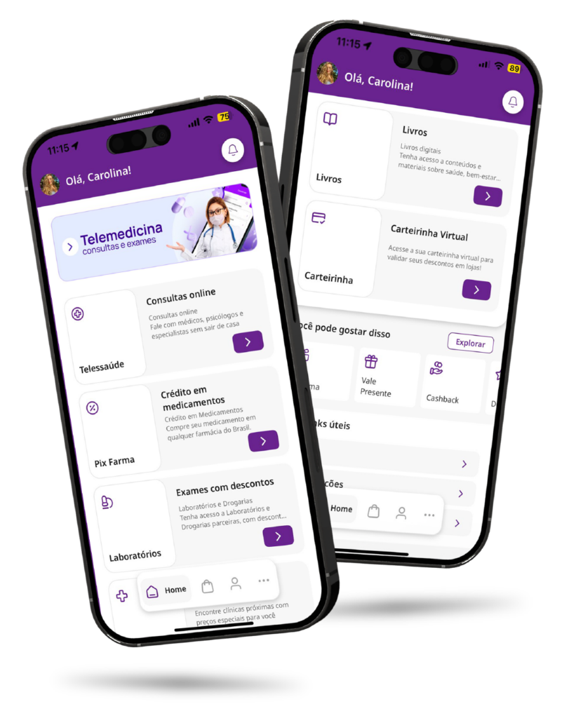 Aplicativo MediQuo exibindo serviços de saúde digital como telemedicina, exames com descontos, crédito em medicamentos e carteirinha virtual para empresas e colaboradores.