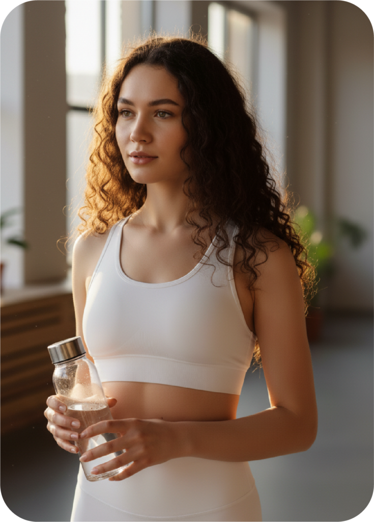 Mulher de aparência serena em ambiente iluminado, vestindo roupa esportiva branca e segurando uma garrafa de água, representando bem-estar e foco em um programa de emagrecimento saudável.