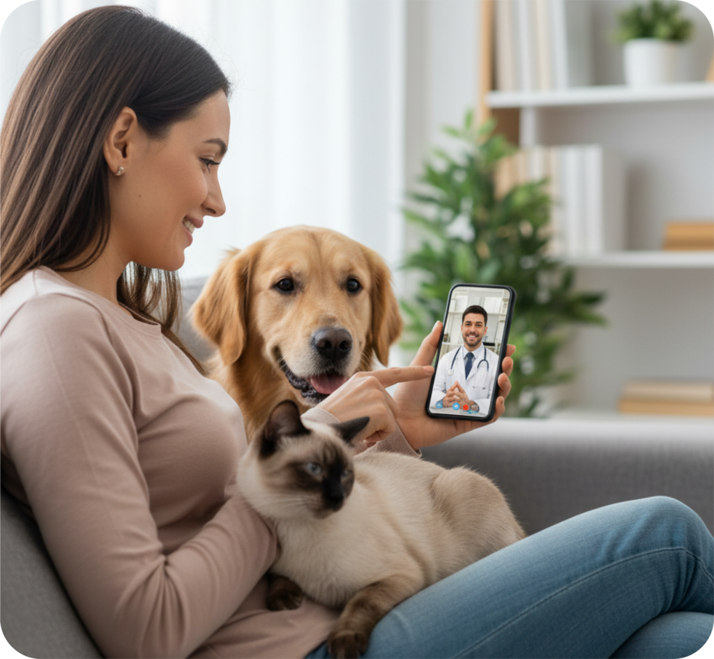Mulher com cachorro e gato no colo durante videoconsulta com veterinário pelo aplicativo MediQuo, representando o benefício de teleorientação veterinária para colaboradores.