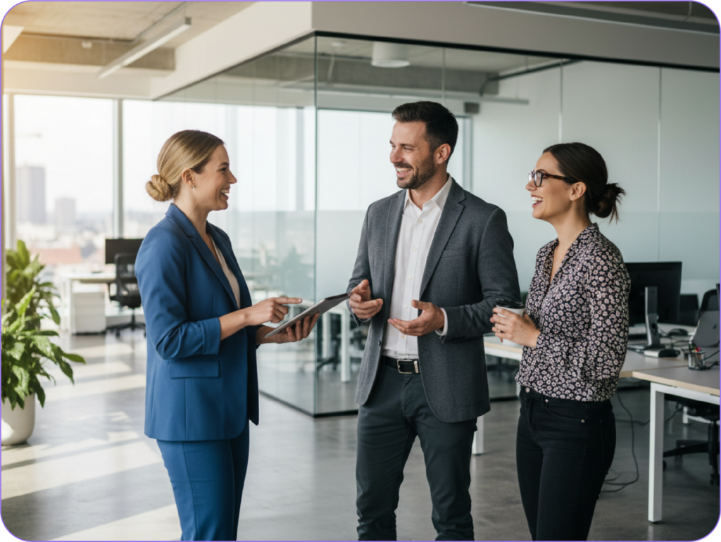 Equipe corporativa em reunião no escritório discutindo processos e gestão de riscos ocupacionais conforme a NR-01