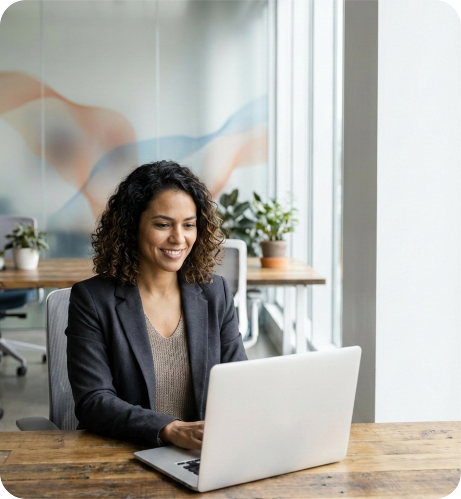 Profissional trabalhando em notebook em escritório moderno, representando o diagnóstico de riscos psicossociais no contexto da NR-01.