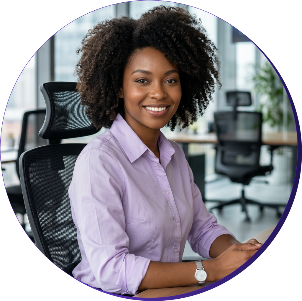 Colaboradora em escritório corporativo representando saúde mental e bem-estar no trabalho em conteúdo sobre NR-01.