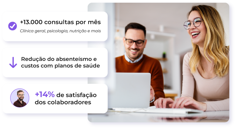 Soluções MediQuo para empresas: mais de 10 mil consultas mensais em clínica geral, psicologia e nutrição, redução de custos com planos de saúde, menos absenteísmo e colaboradores 14% mais satisfeitos.