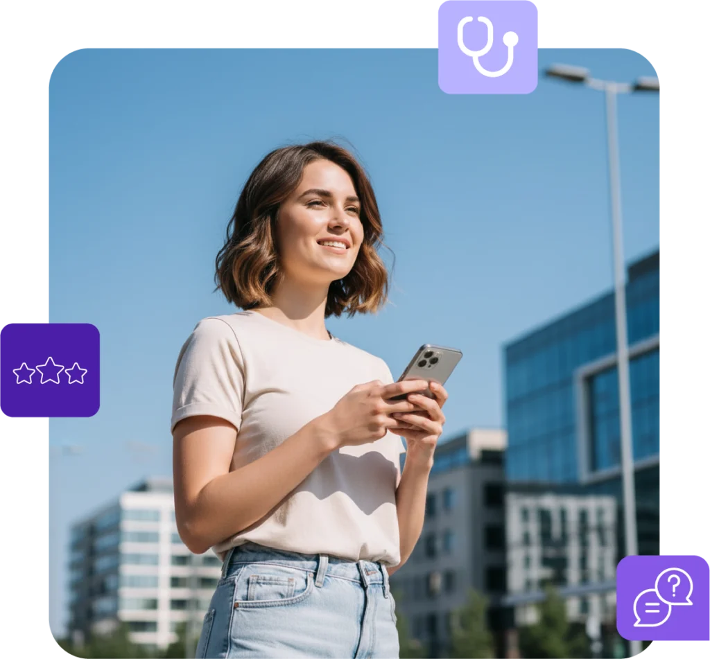 Mulher jovem com roupa casual sorrindo enquanto utiliza seu app de telessaúde em seu smartphone em área urbana.
