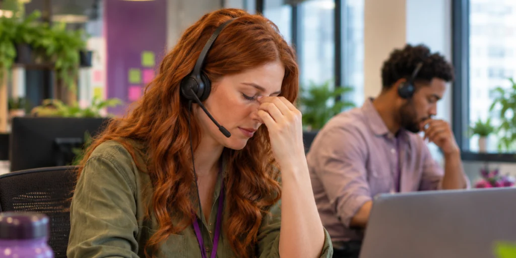 Atendente de telemarketing com fones de ouvido em um escritório, olhando para a tela e apoiando o rosto com a mão, enquanto um colega ao fundo participa do atendimento ao cliente