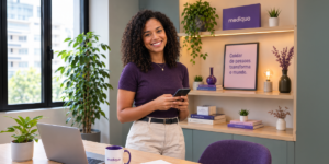 mulher sorridente escritorio modern o celular copo mediquo