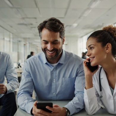 Dois homens sorrindo olham para um smartphone e uma médica de jaleco branco está ao telefone para ilustrar a telemedicina na saúde corporativa