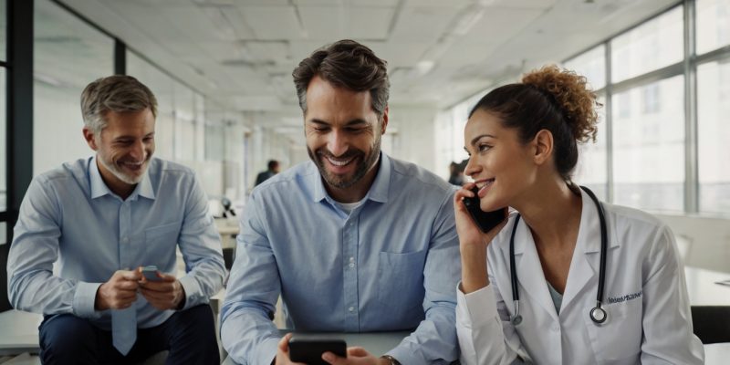 Dois homens sorrindo olham para um smartphone e uma médica de jaleco branco está ao telefone para ilustrar a telemedicina na saúde corporativa